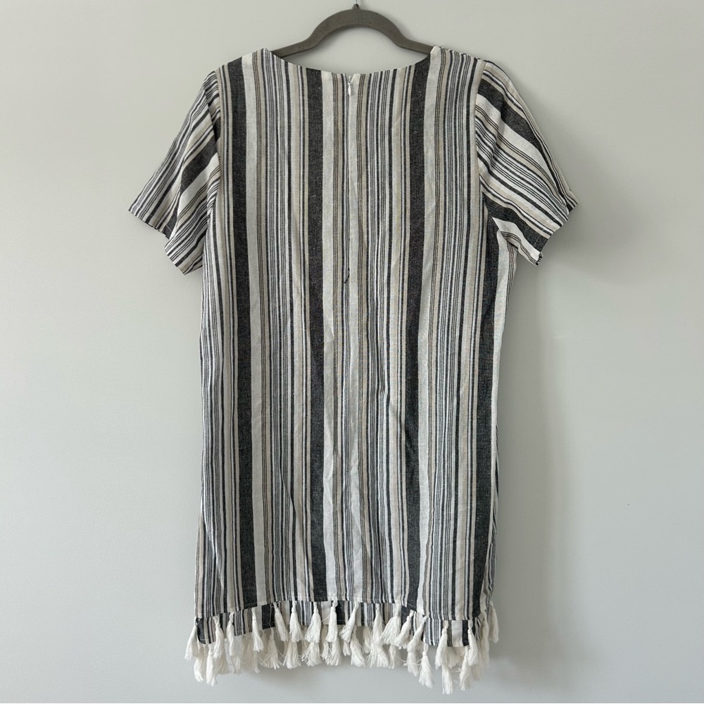 Ellison Grey White Linen Stripe Short Sleeve Shift Dress Tassel Trim M - Picture 6 of 10